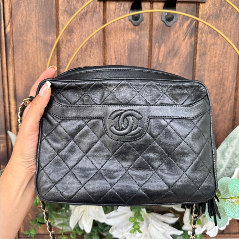 CHANEL Black Quilted Camera Bag with Iconic CC Logo